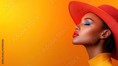 This image captures an elegant woman posing in profile, showcasing colorful makeup and a chic red hat against a rich gradient background of orange and yellow.