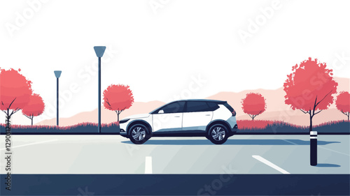 A digital illustration depicting a white SUV parked in a parking lot.  The style is minimalist and flat, with clean lines and simple shapes. The background features stylized red trees and
