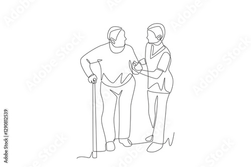 Doctor helps patient walk to clinic. Walking into the clinic concept one-line drawing