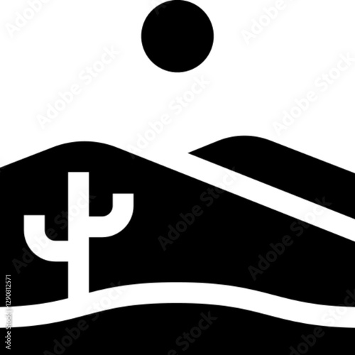 Minimalist desert glyph icon in a monochrome vector style. This simple design symbolizes arid landscapes, nature, climate, and survival, making it ideal for travel, geography, and environmental brandi