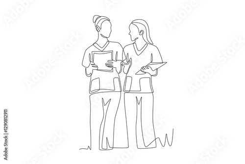 Two doctors are having a discussion while walking to the clinic. Walking into the clinic concept one-line drawing