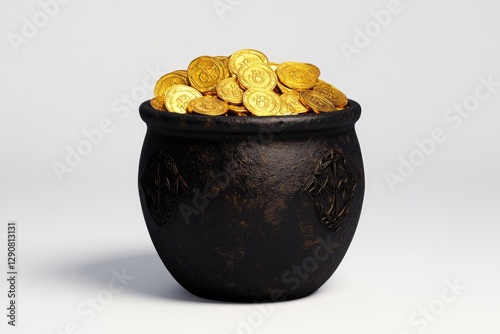 Shiny gold coins overflowing from dark pot, symbolizing wealth a