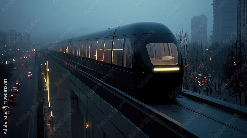 Naklejka premium A sleek monorail train traveling above the streets of a futuristic city