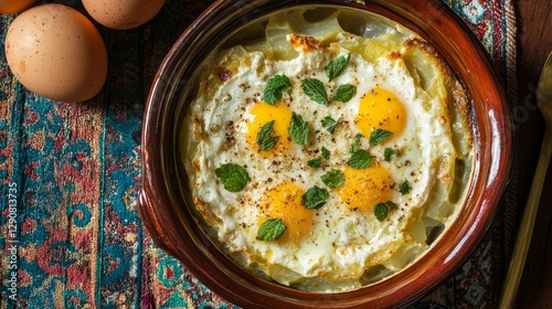 A Bowl of Patatnik, a Bulgarian Potato Dish with Onions, Eggs, and Mint, Baked to Golden Perfection photo
