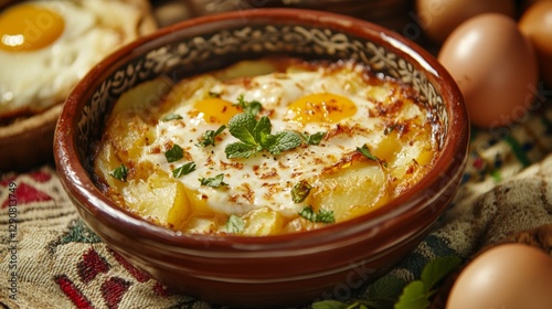 A Bowl of Patatnik, a Bulgarian Potato Dish with Onions, Eggs, and Mint, Baked to Golden Perfection photo