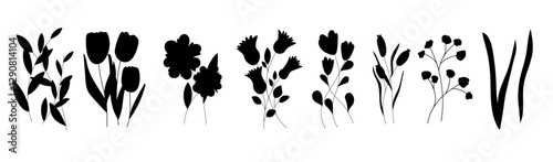Flower silhouette with branch and leaf vector. Spring floral icon in simple style. Nature stem symbol with plant. Black and white foliage graphic. Flat drawing art for rustic summer decoration