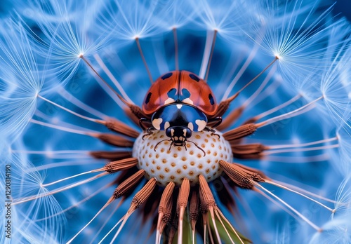 Close-up of a ladybug on a dandelion seed, macro lens, nature photography