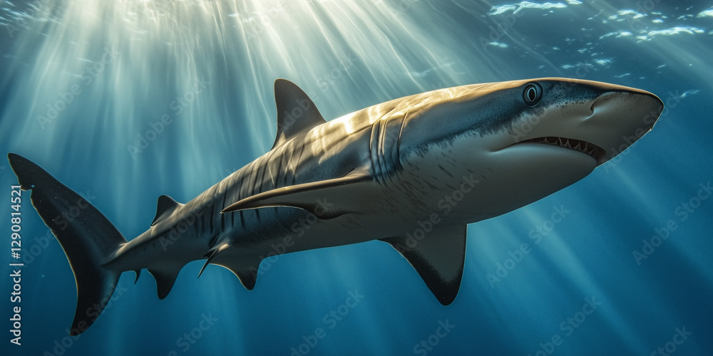 Fototapeta premium Dynamic shark swimming through illuminated ocean waters, showcasing its sleek body and powerful presence