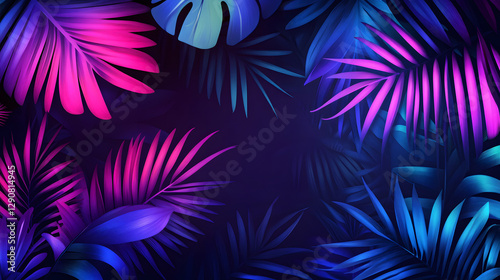 abstract illustration of palm leaves in neon blue, purple and pink on dark background, vector art
