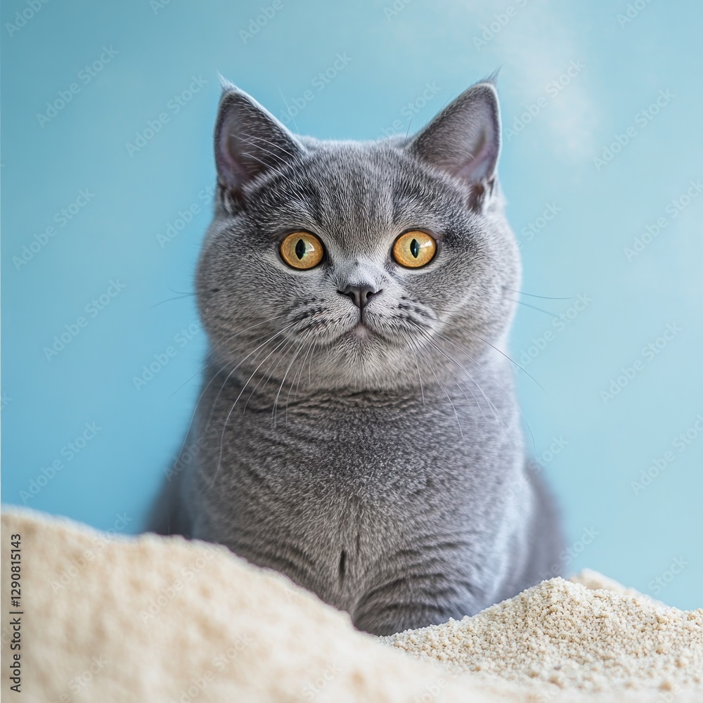 Fototapeta premium Grey cat sits in cat litter