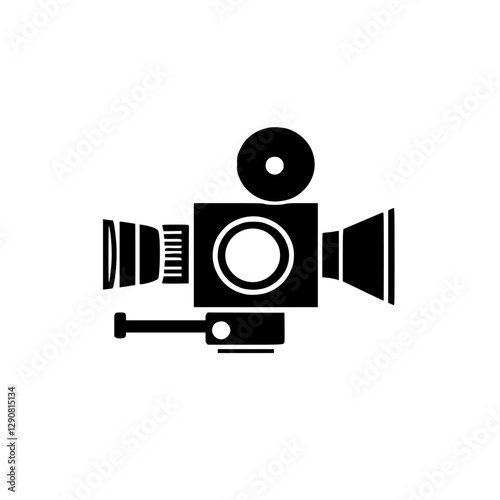 Classic, black, and white, vintage cinema icon on white background.