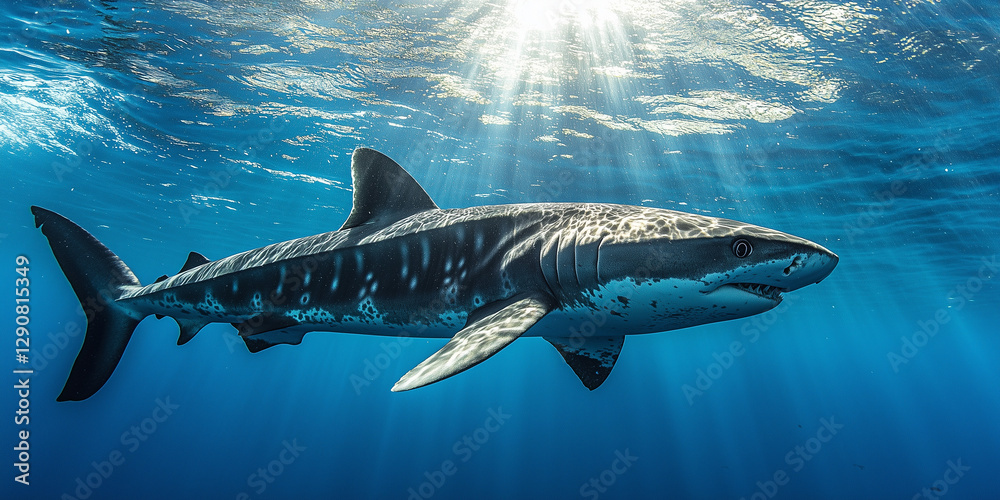 Naklejka premium Majestic shark swimming gracefully in clear blue waters illuminated by sunlight rays from above