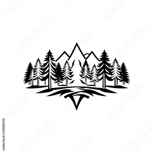 Black and White minimalist illustration of a mountain range with pine tree silhouette forest.