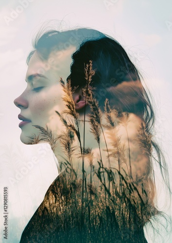 A double exposure of a woman's profile with closed eyes and long hair, In her head is memory of homeland, tall grasses and clouds, all in pastel colors. The mood is romantic, nostalgic and melancholic
