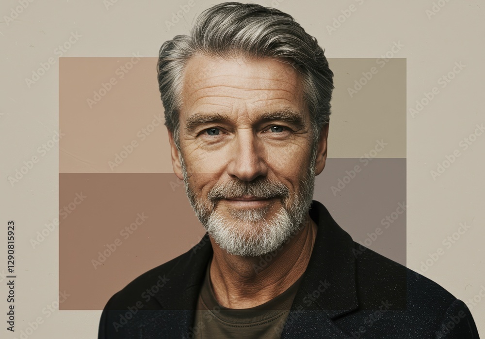 Obraz premium Portrait of a Mature Man with a Confident Smile in a Stylish Jacket, Perfect for Business or Lifestyle Themes