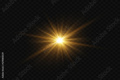 Golden flare and star flash, rays and lens effect.