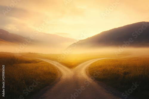 A traveler silhouetted against a foggy crossroads, contemplating the two diverging paths ahead. The misty atmosphere evokes a sense of mystery and adventure as the journey unfolds.