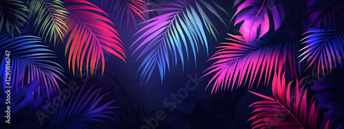 abstract illustration of palm leaves in neon blue, purple and pink on dark background, vector art
