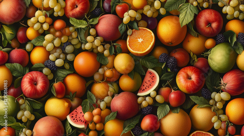 Fruit pattern seamless fruity background and fruitful exotic wallpaper with fresh slices of watermelon orange apples and tropical fruits illustration backdrop set