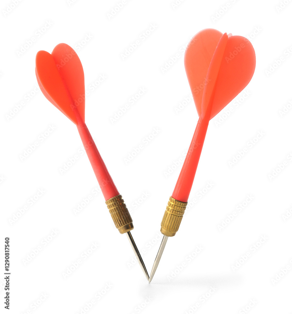 Red dart arrows in air isolated on white. Sports equipment Red dart arrows in air isolated on white. Sports equipment