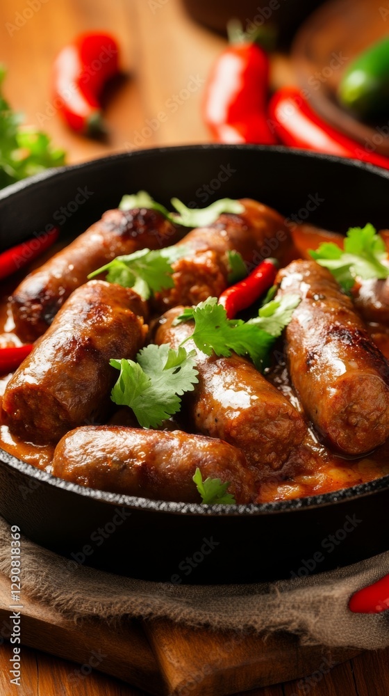 Gourmet shakshuka with spicy merguez sausage served in a cast-iron skillet, featuring fresh cilantro and chili peppers in warm lighting Gourmet shakshuka with spicy merguez sausage served in a cast-iron skillet, featuring fresh cilantro and chili peppers in warm lighting