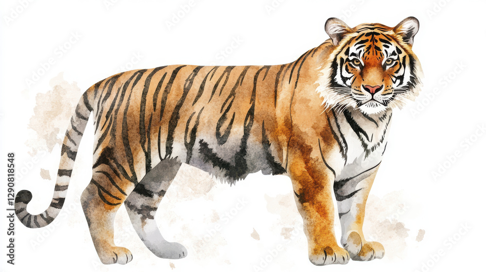 Obraz premium Watercolor tiger illustration with detailed stripes and vibrant colors, showcasing majestic animal in full body shot against simple white background