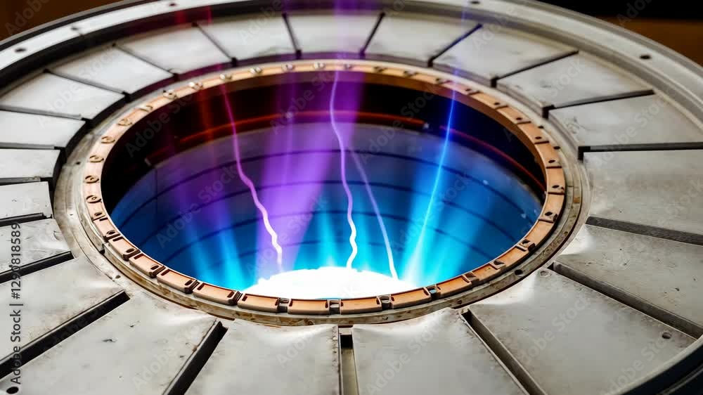Electric fusion, Futuristic circular portal emitting vibrant light and energy effects.