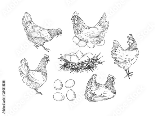 Hens, eggs, and nest. Set of vector black and white hand drawn ink illustrations. Isolated elements for product label design