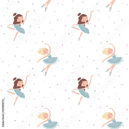 Seamless vector pattern in children's style. Cute ballerina and stars on white background. Vector illustration.
