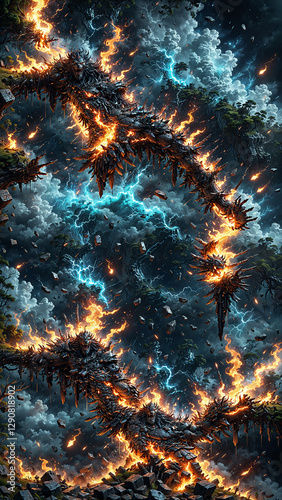 abstract art, fire, floral ornaments, sky, clouds