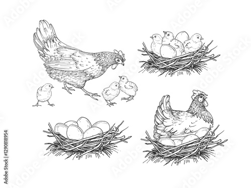 Hens, eggs, chicks and nest. Set of vector black and white hand drawn ink illustrations. Isolated elements for product label design