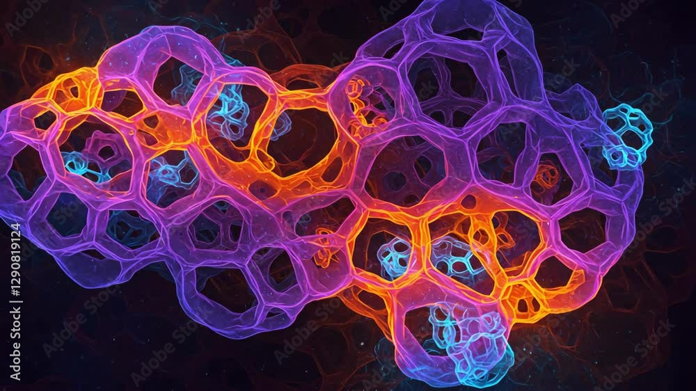 An abstract, colorful molecular structure with neon highlights