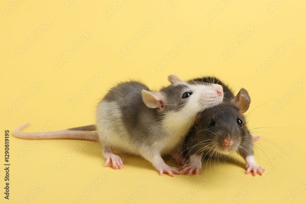 Cute rats on yellow background. Little pets Cute rats on yellow background. Little pets
