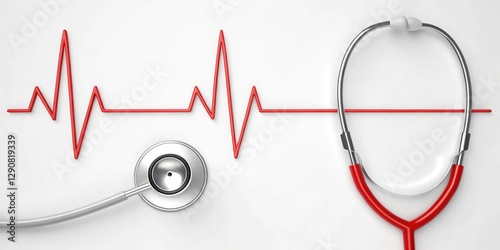 Stethoscope with red heartbeat line on white background medical health concept cardiology ECG heart rhythm healthcare diagnostics emergency life saving tools
