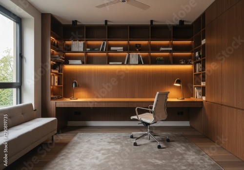 Modern home office with built-in shelves, warm lighting, and desk