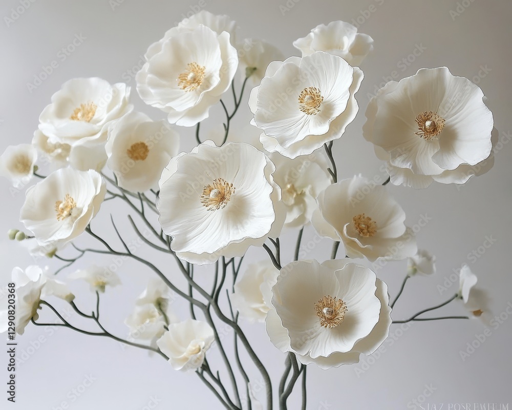 Fototapeta premium White Clay Floral Arrangement on White Background, Elegant Home Decor, Handcrafted Detail