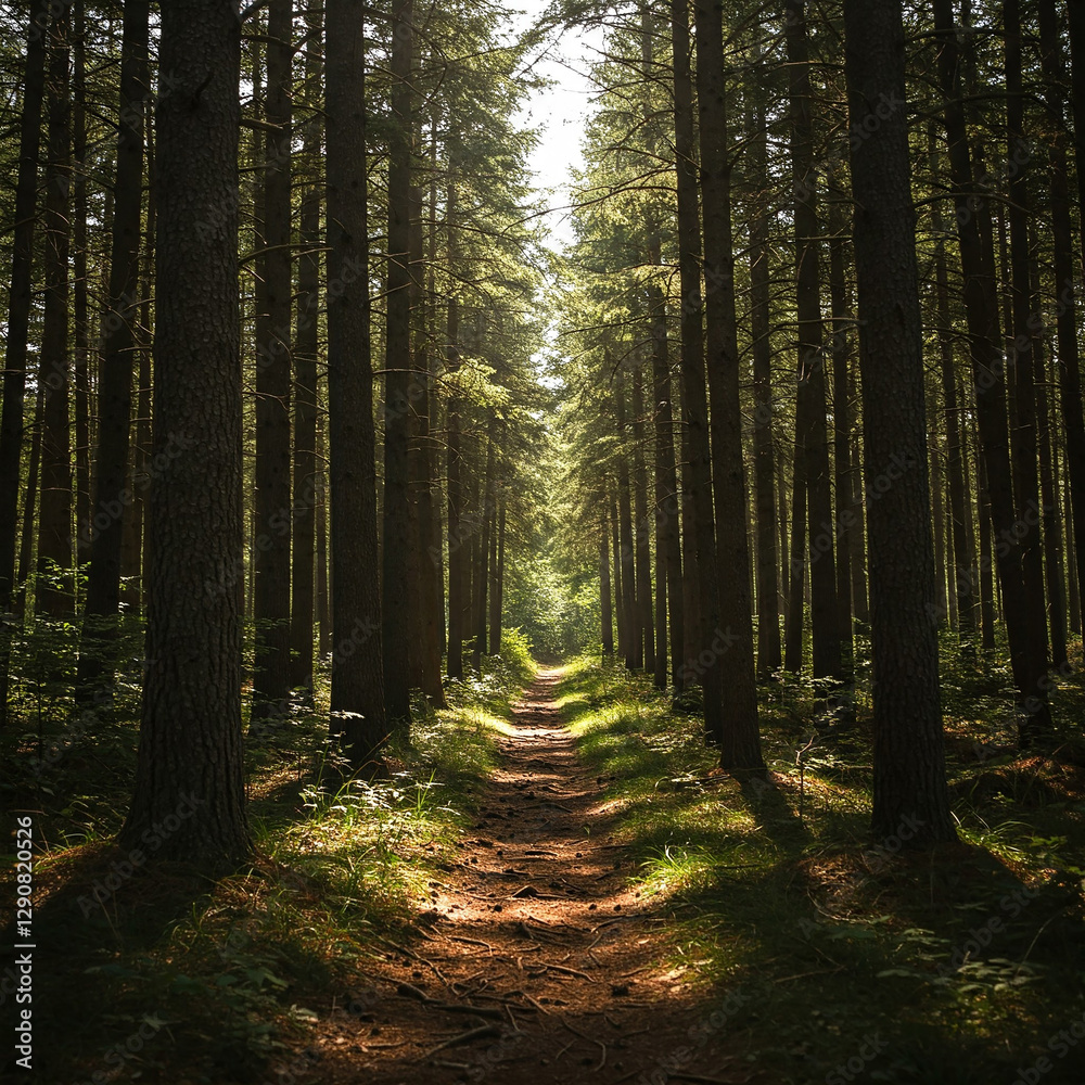 Fototapeta premium footpath in the forest. Path Through Majestic Pine Woodland. Towering Evergreens and the Scent of Pine Needles in a Serene Backdrop.