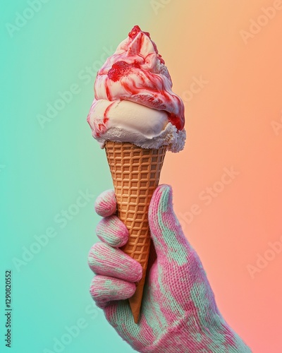A wool-gloved hand holding an ice cream cone with strawberry fudge against a teal and orange background