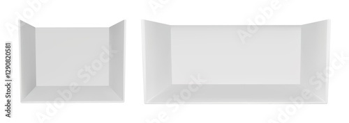 3d booth stand room in white design. Tradeshow perspective cube box on background. Showroom interior for presentation. Exhibit section on trade show. Corner kiosk stage isolated view in vector