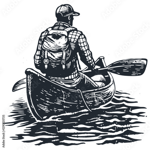Vector illustration of a man kayaking in a canoe, with a backpack and paddles, on water. The design is created in a black-and-white woodcut style, evoking adventure, nature, and outdoor exploration.