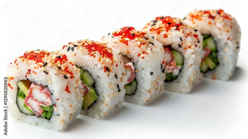 Fresh sushi rolls with crab, cucumber, and avocado, topped with spicy seasoning, create a colorful display on a white background, inviting anyone to enjoy.