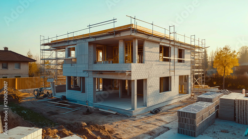 A modern eco-friendly home under construction with AAC blocks, 