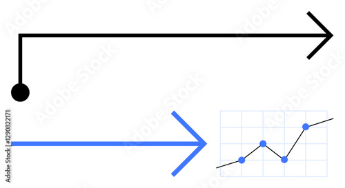 Black arrow with a dot symbolizing initiation, blue arrow representing direction, graph with a rising trend line. Ideal for progress, goal setting, planning, growth, strategy, success abstract line