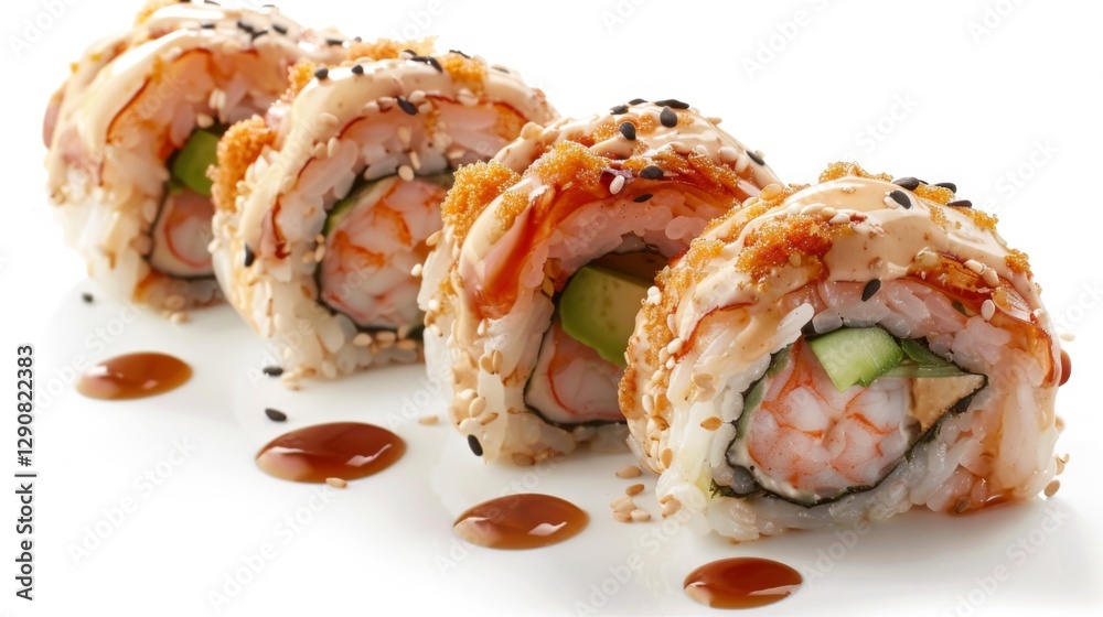 Fresh sushi rolls made with shrimp, cucumber, and avocado presented elegantly on a white plate, complemented by a rich sauce and sesame seeds. Fresh sushi rolls made with shrimp, cucumber, and avocado presented elegantly on a white plate, complemented by a rich sauce and sesame seeds.