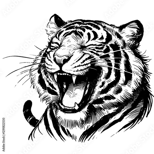 tiger laugh line art drawing ink sketch xmas vector hand drawn illustration background
