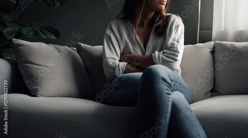 Stomach pain felt by a woman sitting on a sofa, clutching her stomach. Featuring discomfort and care