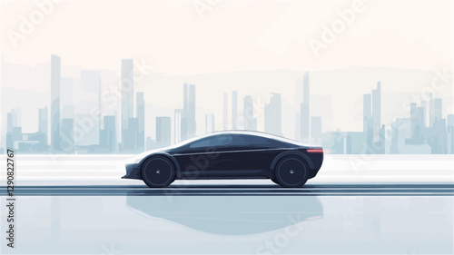 A digital illustration depicting a dark-colored, sleek electric vehicle in profile view driving on a flat road.  The vehicle is rendered in a minimalist style with smooth curves and clean lines.