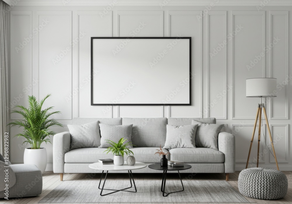 Fototapeta premium Minimalist living room with gray sofa, panel walls, and empty frame