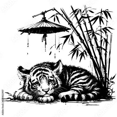 Tiger cry sadness line art drawing ink sketch xmas vector hand drawn illustration background