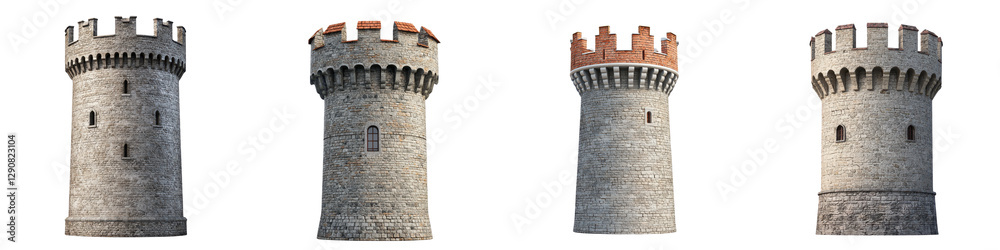 Obraz premium Majestic medieval castle towers with ornate architecture and crenellated battlements standing tall against a cloudy sky backdrop Historic landmark and tourist attraction